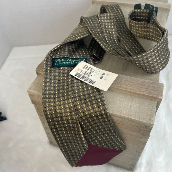 Peter Thomas By Superba 100% Silk Necktie Geometric Olive & Navy Mens Tie NWT - Picture 4 of 6